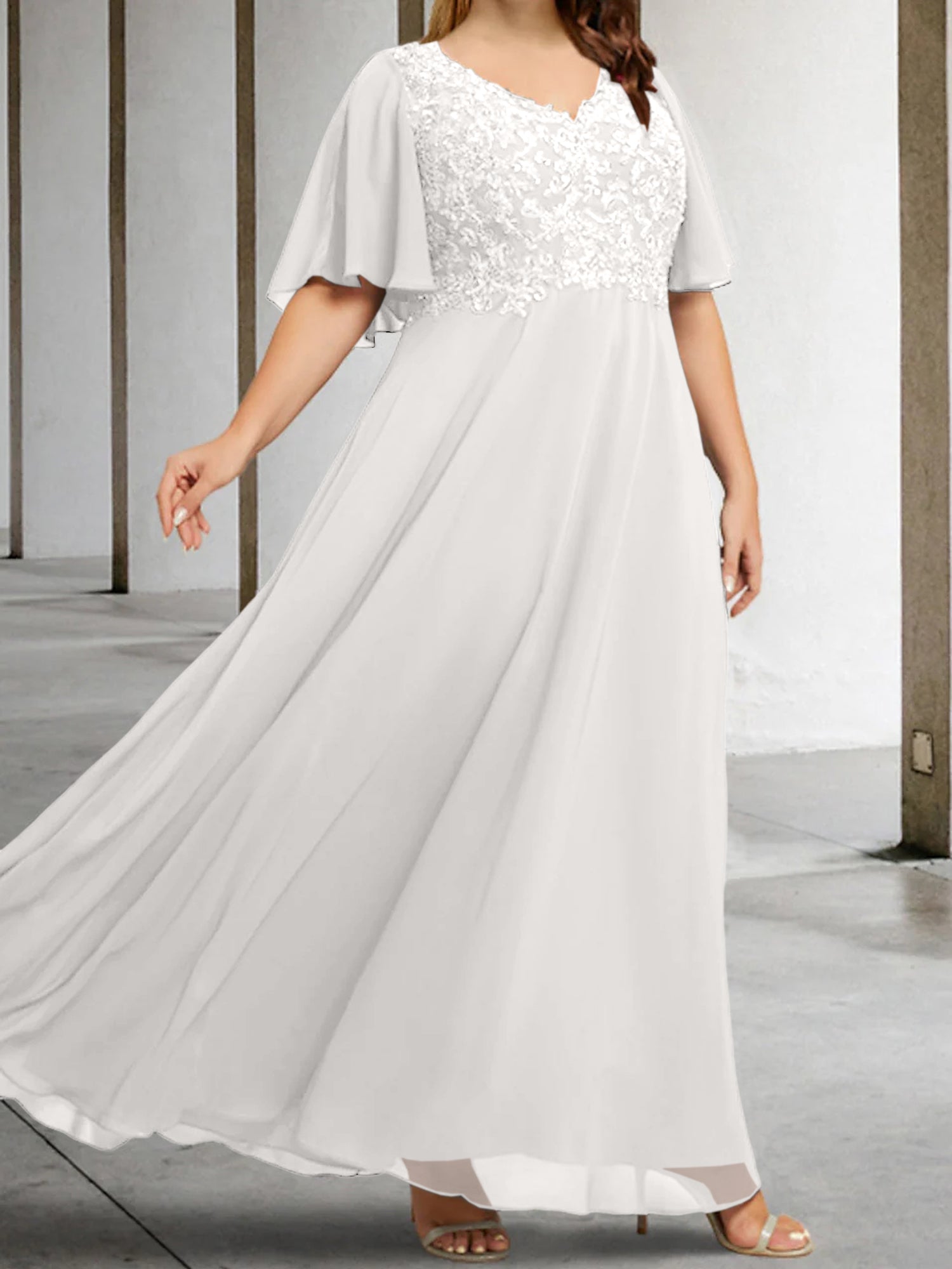 A Line Princess V Neck Half Sleeves Floor Length Mother Of The Bride Dresses With Applique