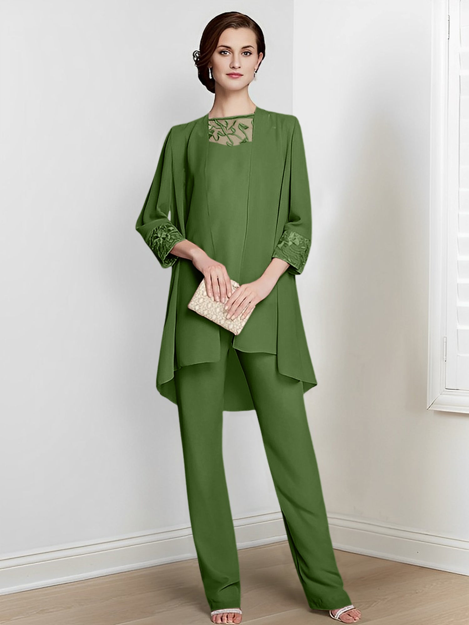Chiffon Square Neck Long Sleeves Floor Length Mother Of The Bride Pantsuits With Jacket