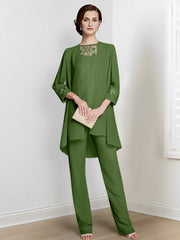 Chiffon Square Neck Long Sleeves Floor Length Mother Of The Bride Pantsuits With Jacket