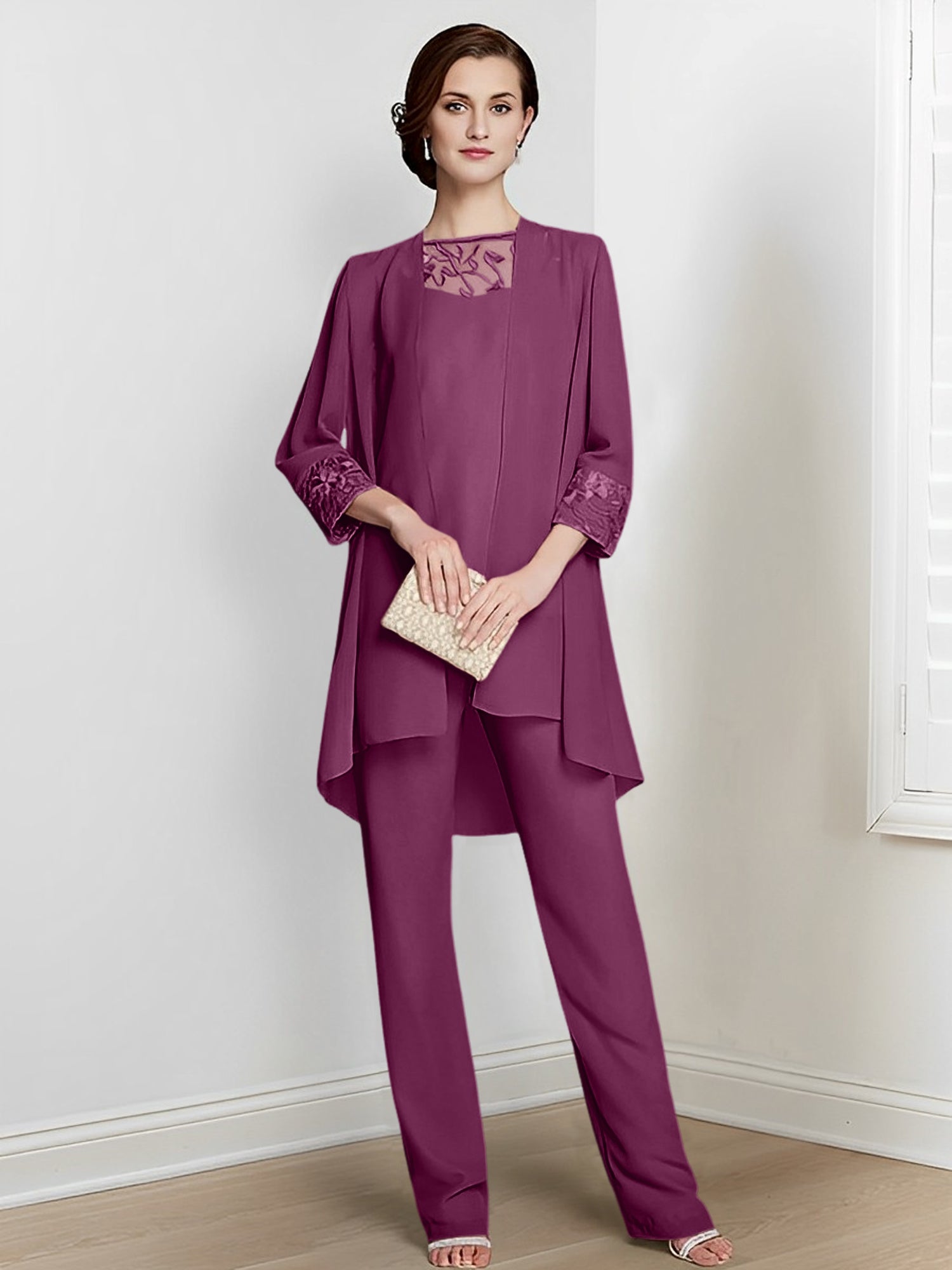 Chiffon Square Neck Long Sleeves Floor Length Mother Of The Bride Pantsuits With Jacket