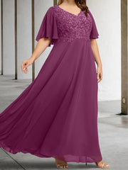 A Line Princess V Neck Half Sleeves Floor Length Mother Of The Bride Dresses With Applique