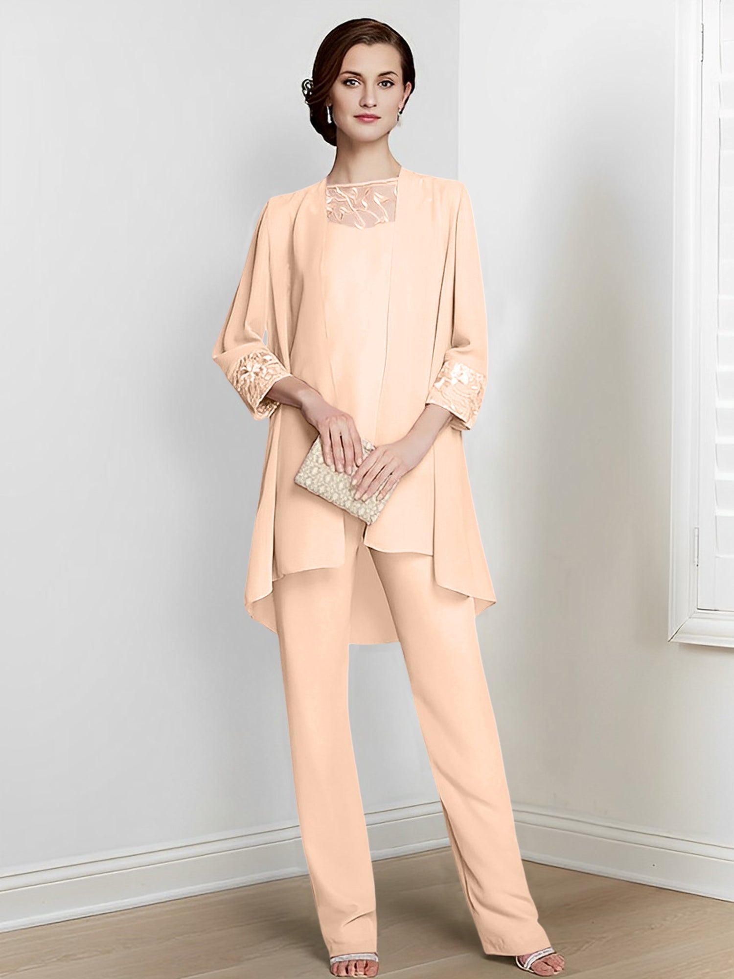 Chiffon Square Neck Long Sleeves Floor Length Mother Of The Bride Pantsuits With Jacket
