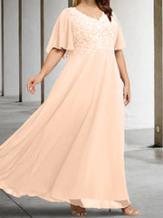 A Line Princess V Neck Half Sleeves Floor Length Mother Of The Bride Dresses With Applique