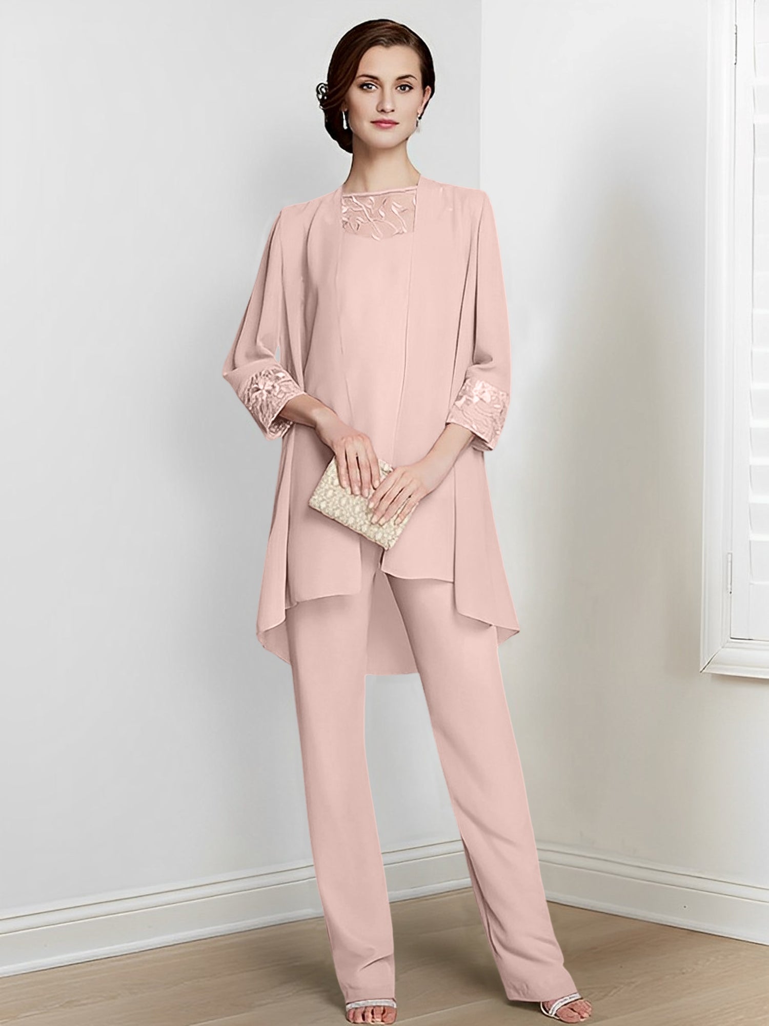 Chiffon Square Neck Long Sleeves Floor Length Mother Of The Bride Pantsuits With Jacket