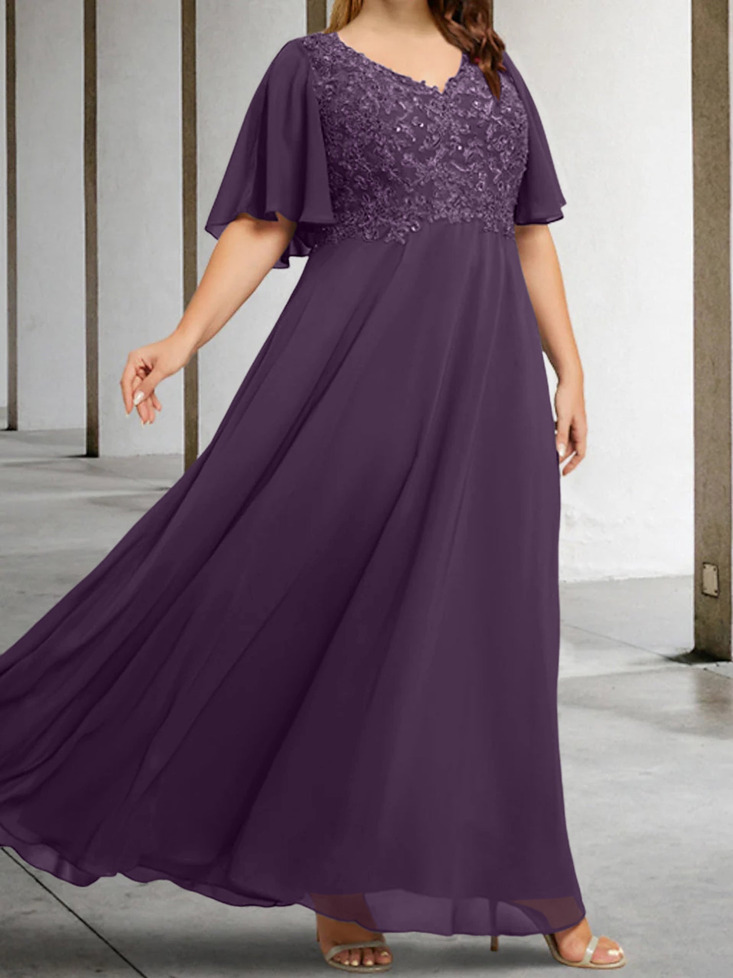 A Line Princess V Neck Half Sleeves Floor Length Mother Of The Bride Dresses With Applique