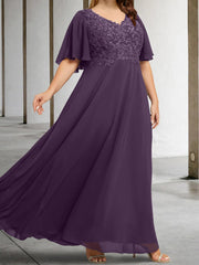 A Line Princess V Neck Half Sleeves Floor Length Mother Of The Bride Dresses With Applique