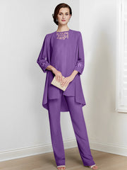Chiffon Square Neck Long Sleeves Floor Length Mother Of The Bride Pantsuits With Jacket
