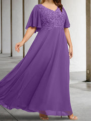 A Line Princess V Neck Half Sleeves Floor Length Mother Of The Bride Dresses With Applique
