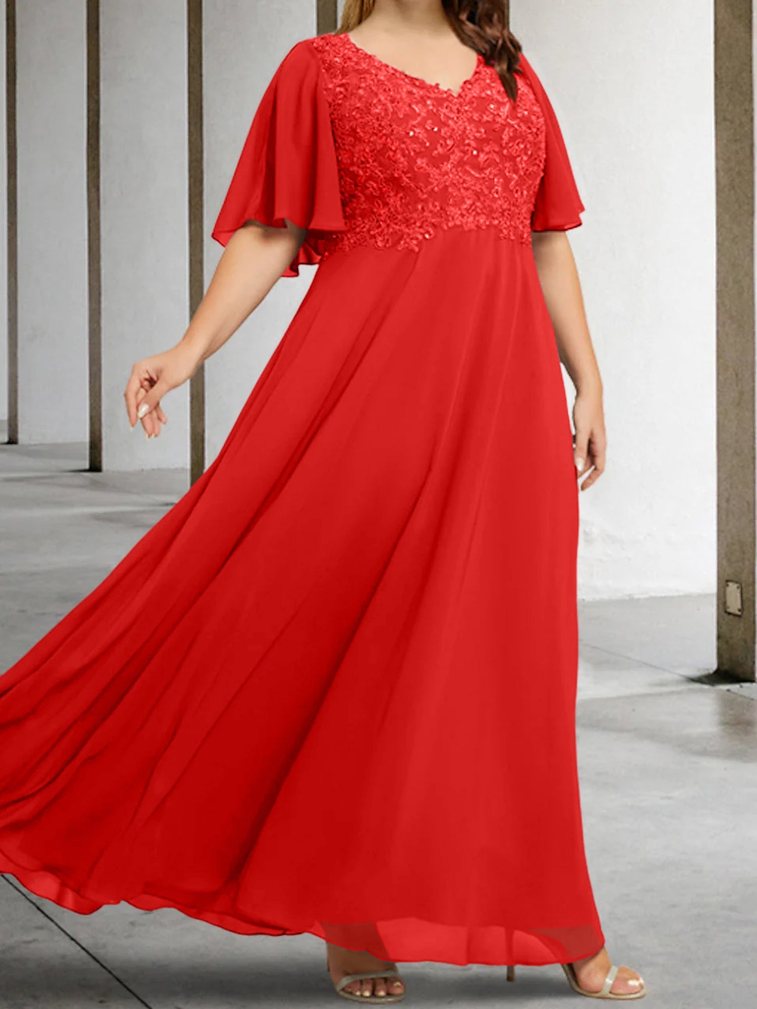 A Line Princess V Neck Half Sleeves Floor Length Mother Of The Bride Dresses With Applique