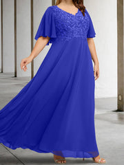 A Line Princess V Neck Half Sleeves Floor Length Mother Of The Bride Dresses With Applique