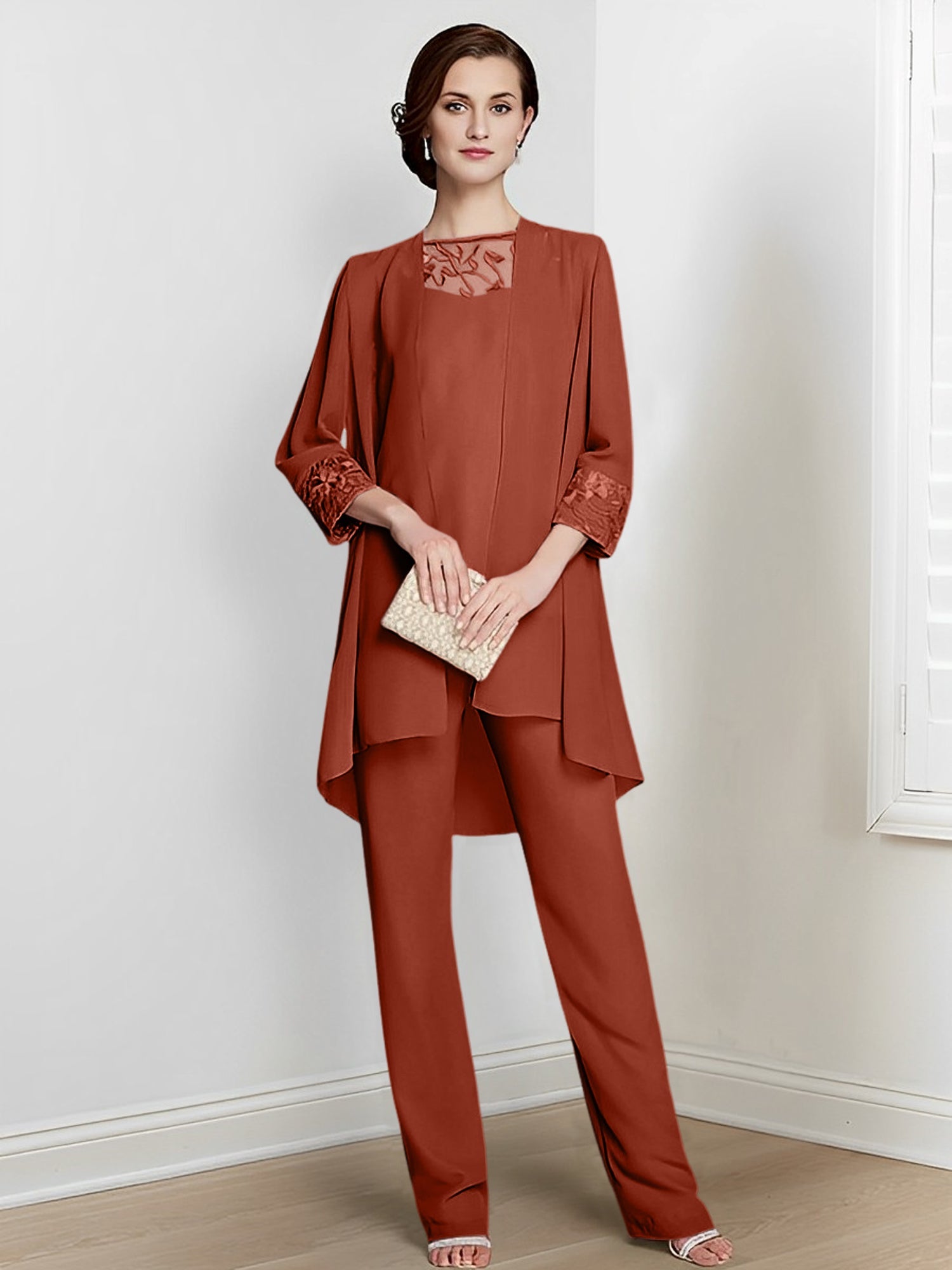 Chiffon Square Neck Long Sleeves Floor Length Mother Of The Bride Pantsuits With Jacket