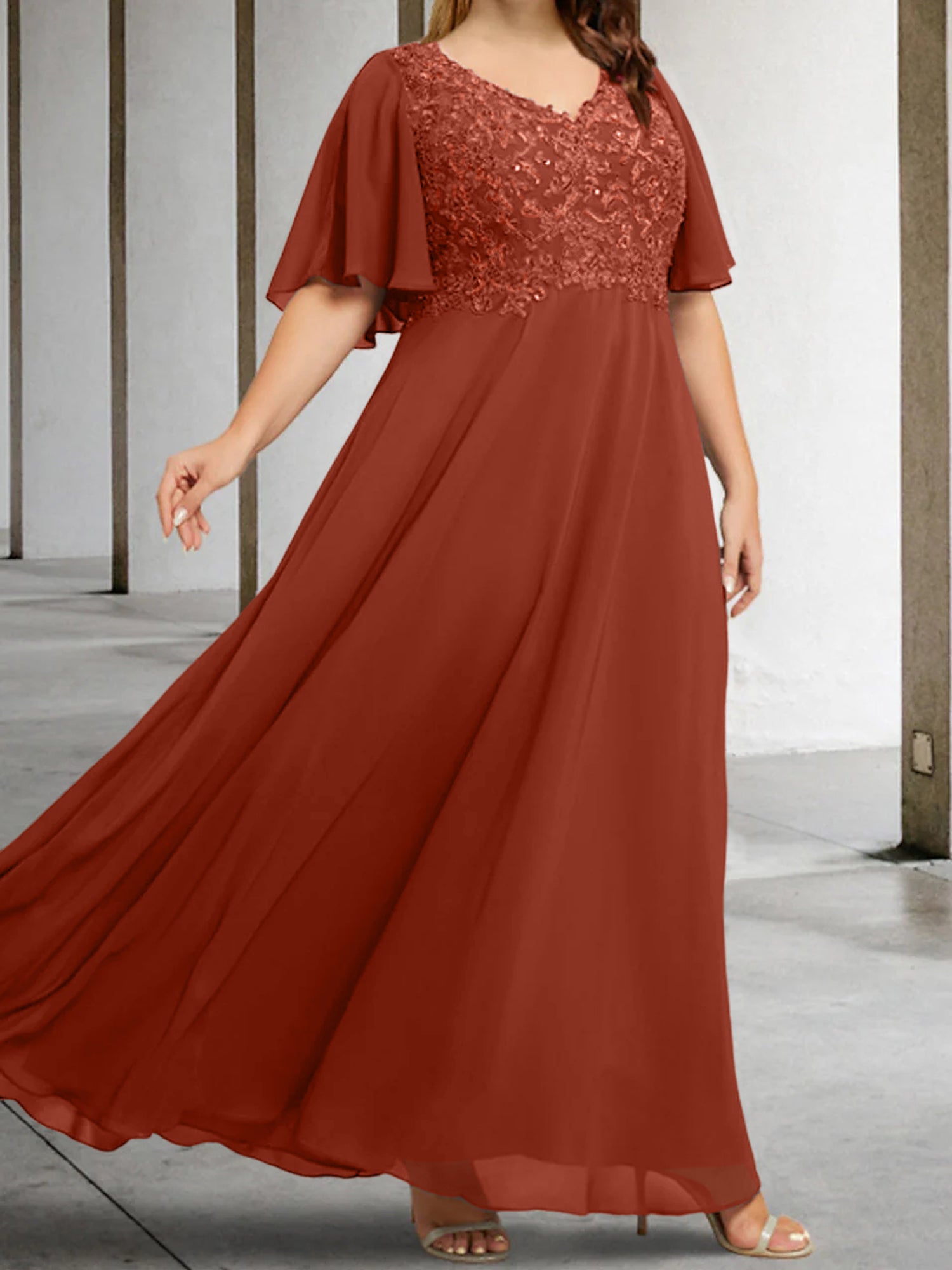 A Line Princess V Neck Half Sleeves Floor Length Mother Of The Bride Dresses With Applique