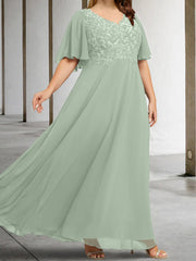 A Line Princess V Neck Half Sleeves Floor Length Mother Of The Bride Dresses With Applique
