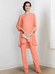 Chiffon Square Neck Long Sleeves Floor Length Mother Of The Bride Pantsuits With Jacket