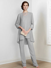 Chiffon Square Neck Long Sleeves Floor Length Mother Of The Bride Pantsuits With Jacket