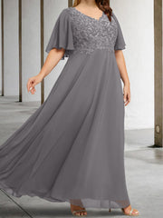 A Line Princess V Neck Half Sleeves Floor Length Mother Of The Bride Dresses With Applique