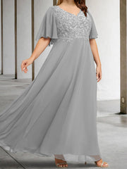 A Line Princess V Neck Half Sleeves Floor Length Mother Of The Bride Dresses With Applique