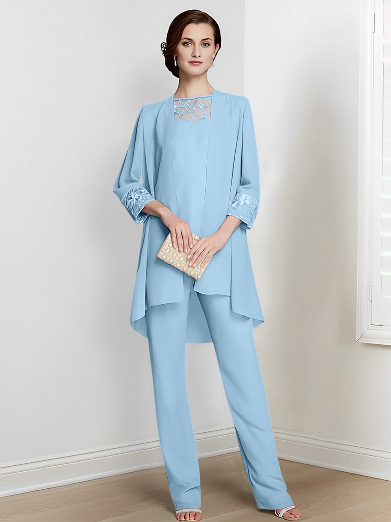 Chiffon Square Neck Long Sleeves Floor Length Mother Of The Bride Pantsuits With Jacket