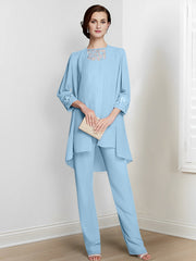 Chiffon Square Neck Long Sleeves Floor Length Mother Of The Bride Pantsuits With Jacket