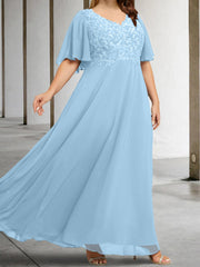 A Line Princess V Neck Half Sleeves Floor Length Mother Of The Bride Dresses With Applique