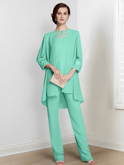 Chiffon Square Neck Long Sleeves Floor Length Mother Of The Bride Pantsuits With Jacket