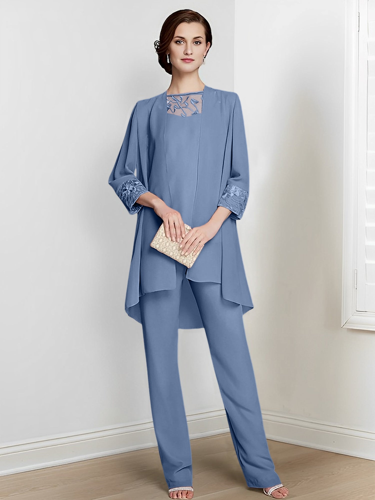 Chiffon Square Neck Long Sleeves Floor Length Mother Of The Bride Pantsuits With Jacket