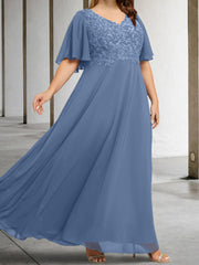 A Line Princess V Neck Half Sleeves Floor Length Mother Of The Bride Dresses With Applique