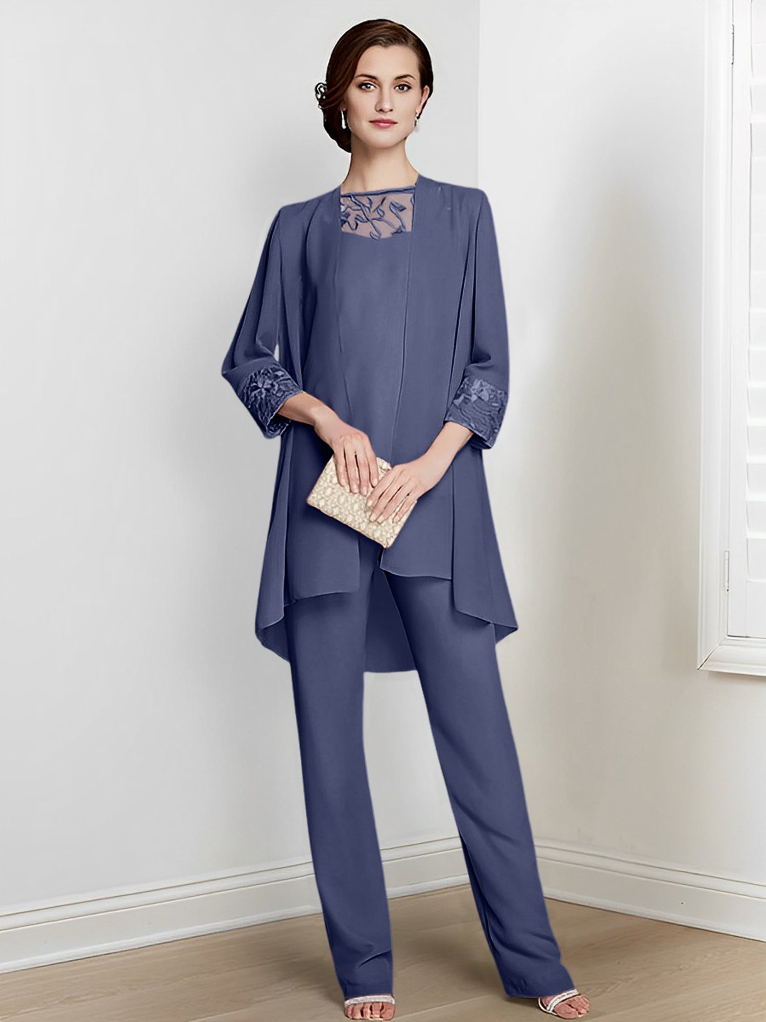 Chiffon Square Neck Long Sleeves Floor Length Mother Of The Bride Pantsuits With Jacket