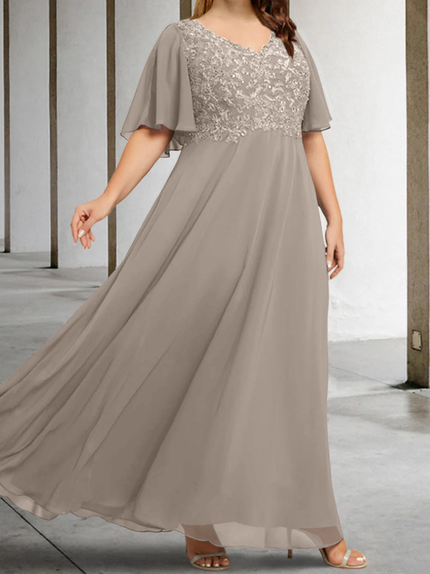 A Line Princess V Neck Half Sleeves Floor Length Mother Of The Bride Dresses With Applique