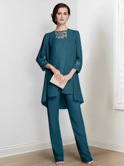 Chiffon Square Neck Long Sleeves Floor Length Mother Of The Bride Pantsuits With Jacket