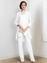 Chiffon Square Neck Long Sleeves Floor Length Mother Of The Bride Pantsuits With Jacket