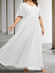 A Line Princess V Neck Half Sleeves Floor Length Mother Of The Bride Dresses With Applique