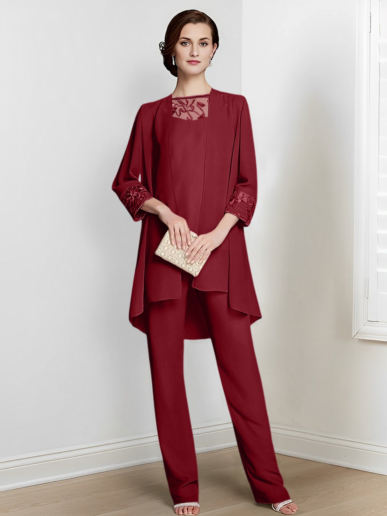 Chiffon Square Neck Long Sleeves Floor Length Mother Of The Bride Pantsuits With Jacket