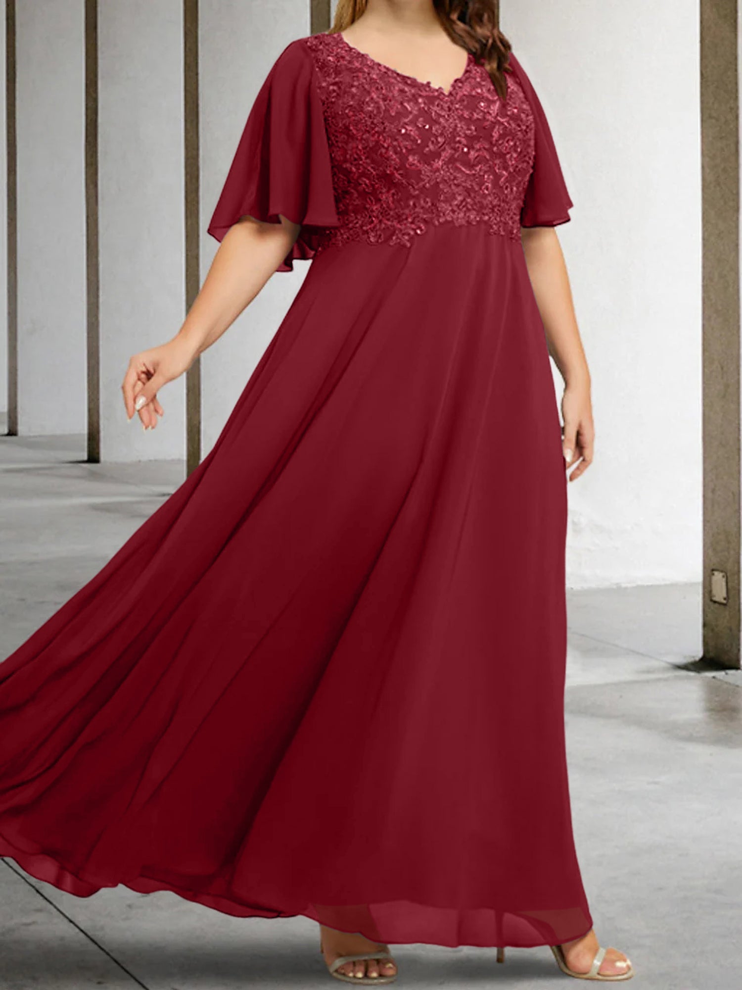 A Line Princess V Neck Half Sleeves Floor Length Mother Of The Bride Dresses With Applique