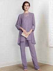 Chiffon Square Neck Long Sleeves Floor Length Mother Of The Bride Pantsuits With Jacket