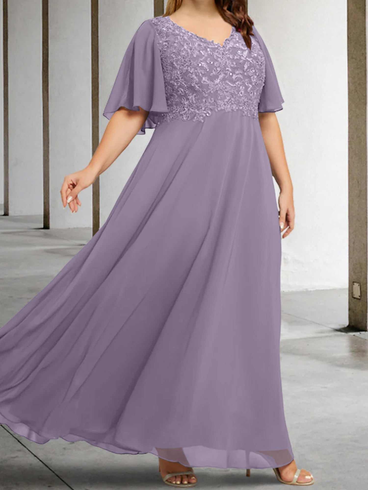 A Line Princess V Neck Half Sleeves Floor Length Mother Of The Bride Dresses With Applique