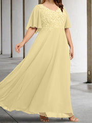 A Line Princess V Neck Half Sleeves Floor Length Mother Of The Bride Dresses With Applique
