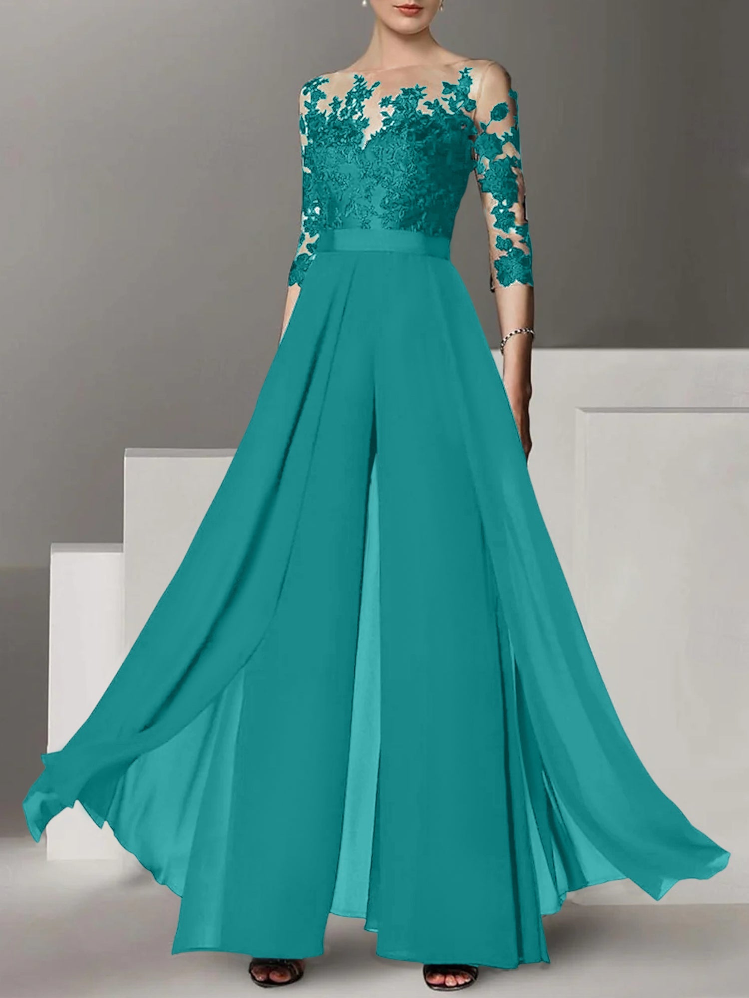 A Line Princess Jewel Neck 3 4 Length Sleeves Floor Length Mother Of The Bride Jumpsuits With Applique