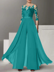 A Line Princess Jewel Neck 3 4 Length Sleeves Floor Length Mother Of The Bride Jumpsuits With Applique