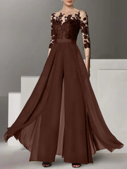 A-Line/Princess Jewel Neck 3/4 Length Sleeves Floor-Length Mother of the Bride Jumpsuits with Applique