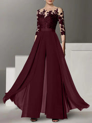 A Line Princess Jewel Neck 3 4 Length Sleeves Floor Length Mother Of The Bride Jumpsuits With Applique