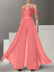 A Line Princess Jewel Neck 3 4 Length Sleeves Floor Length Mother Of The Bride Jumpsuits With Applique