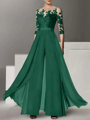 A-Line/Princess Jewel Neck 3/4 Length Sleeves Floor-Length Mother of the Bride Jumpsuits with Applique