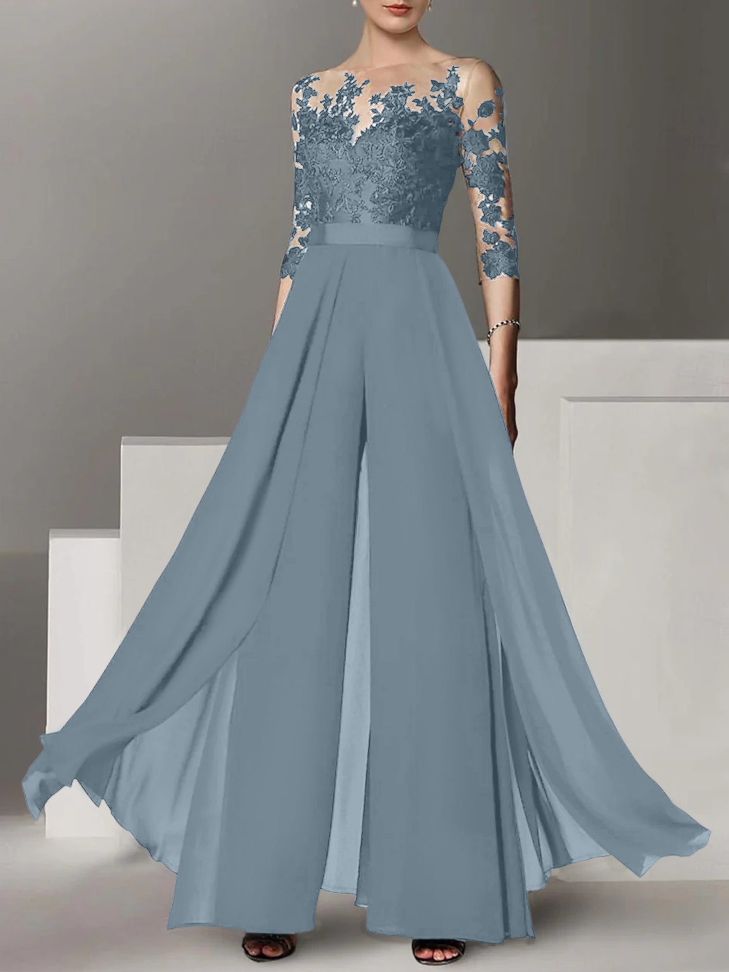 A Line Princess Jewel Neck 3 4 Length Sleeves Floor Length Mother Of The Bride Jumpsuits With Applique