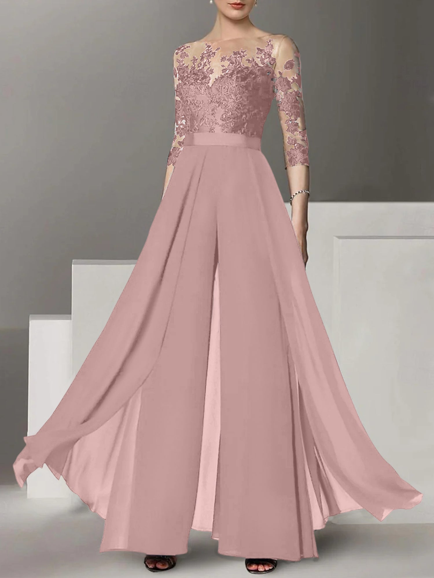 A Line Princess Jewel Neck 3 4 Length Sleeves Floor Length Mother Of The Bride Jumpsuits With Applique