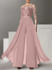 A Line Princess Jewel Neck 3 4 Length Sleeves Floor Length Mother Of The Bride Jumpsuits With Applique