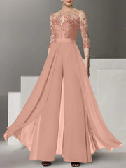 A-Line/Princess Jewel Neck 3/4 Length Sleeves Floor-Length Mother of the Bride Jumpsuits with Applique