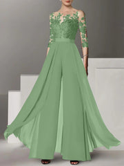 A-Line/Princess Jewel Neck 3/4 Length Sleeves Floor-Length Mother of the Bride Jumpsuits with Applique