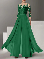 A Line Princess Jewel Neck 3 4 Length Sleeves Floor Length Mother Of The Bride Jumpsuits With Applique