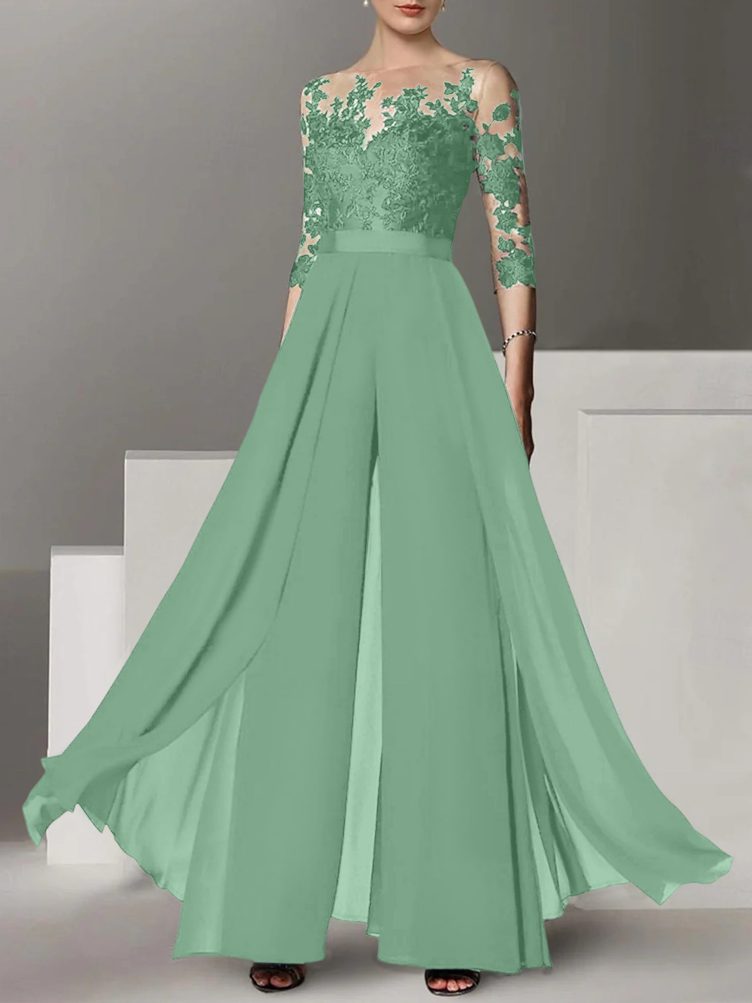 A Line Princess Jewel Neck 3 4 Length Sleeves Floor Length Mother Of The Bride Jumpsuits With Applique